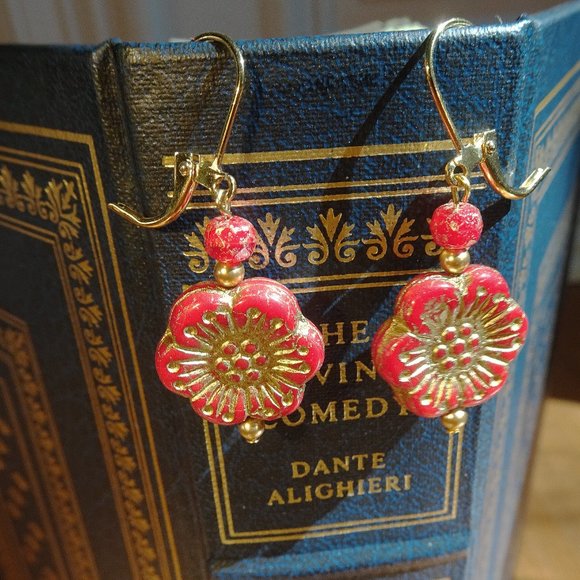 Handcrafted artisanal earrings with whimsical Czech windflowers in 12 colors - Picture 6 of 17